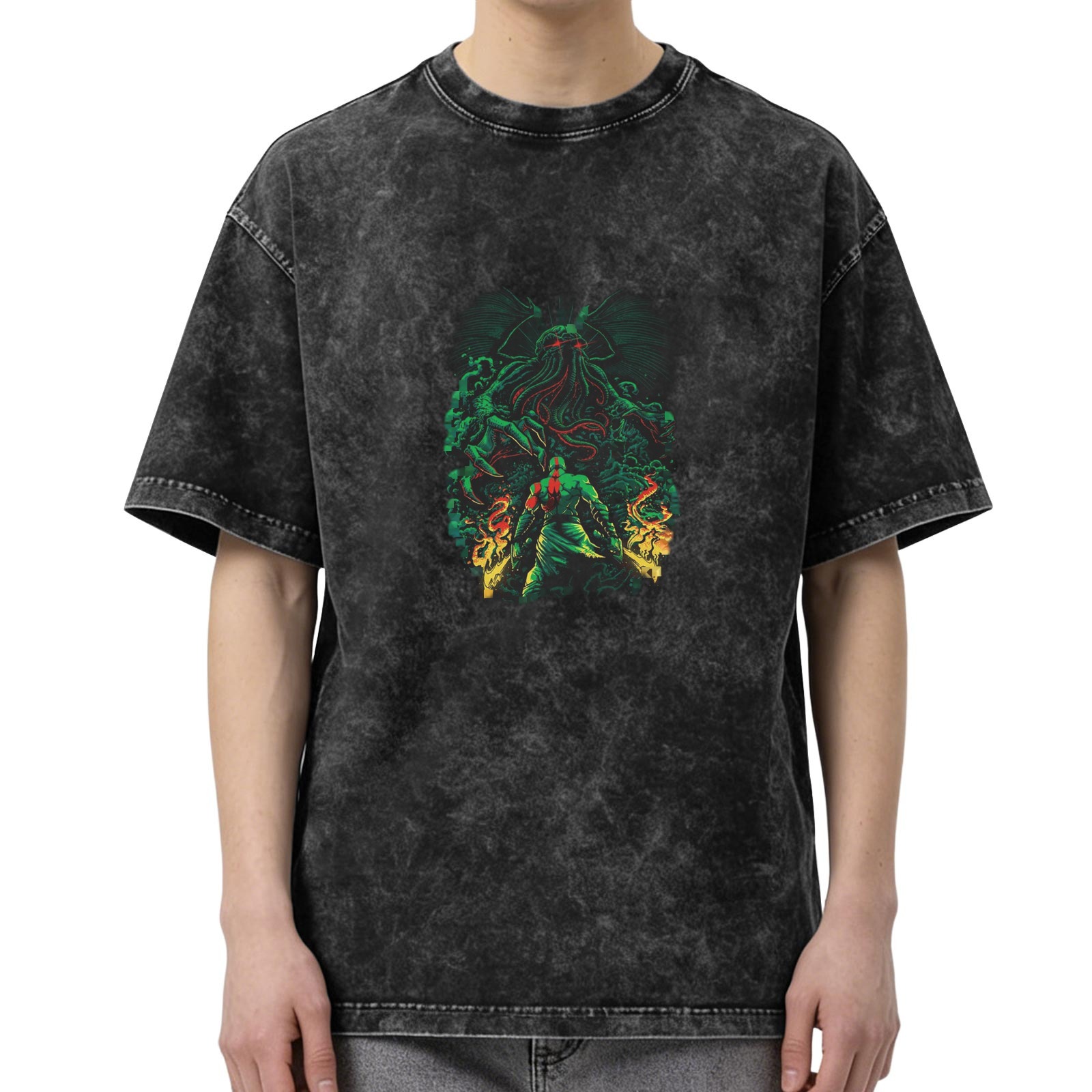 Oversized Acid Wash Graphic T-Shirt with Cthulhu and God of War Kratos Print, Dark Gray Distressed Short Sleeve Tee