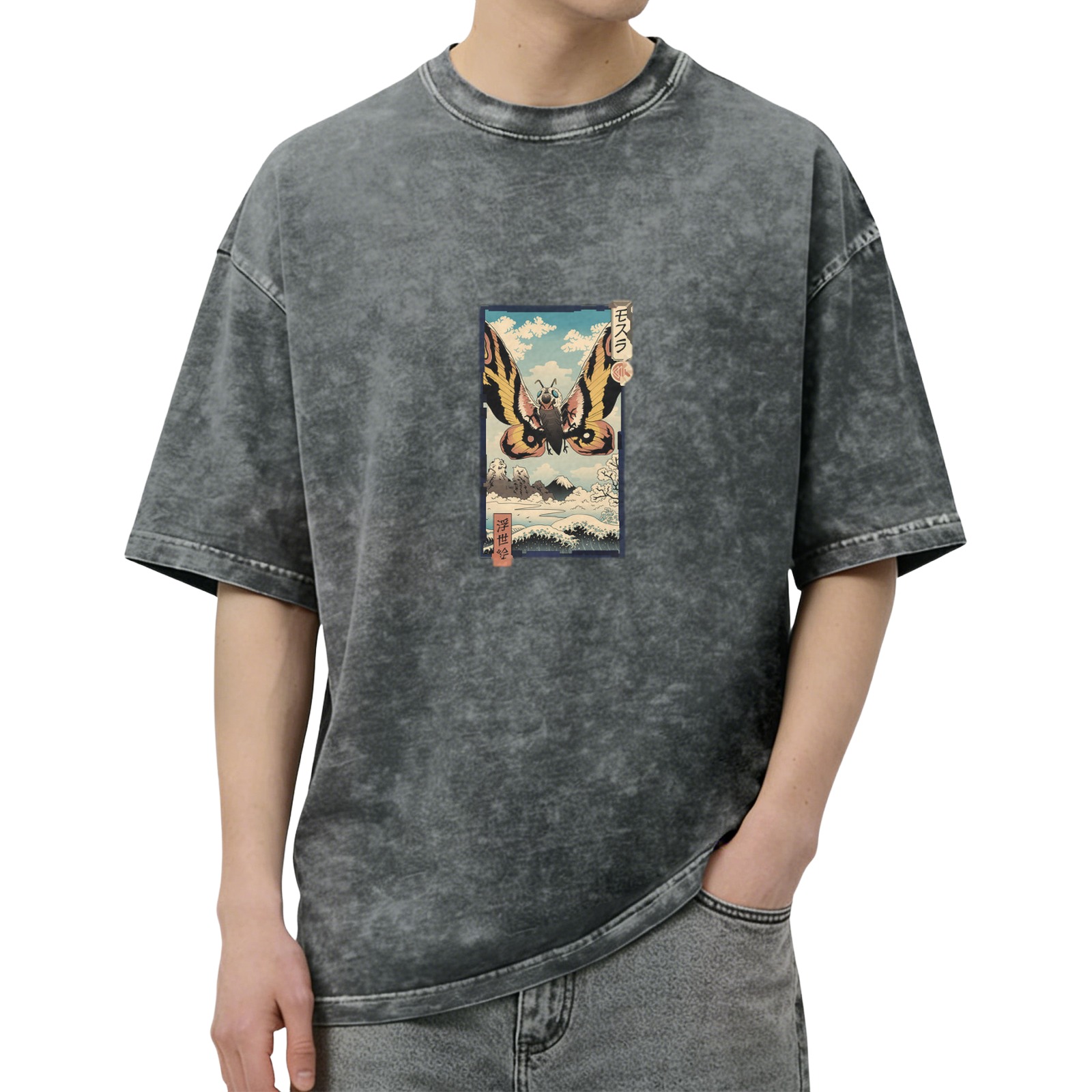 Vintage Washed Black T-Shirt with Japanese Ukiyo-e Style Moth Print