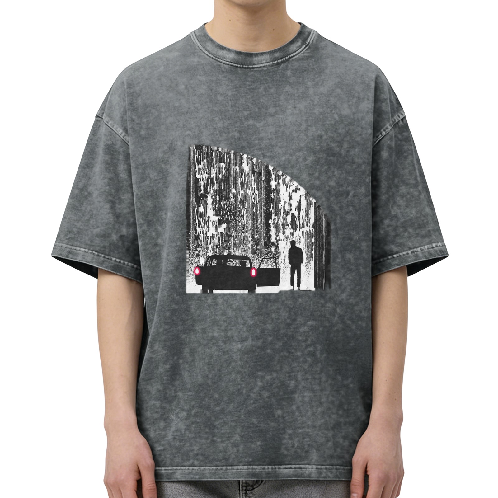 Oversized Acid Wash T-Shirt With Rainy Night Car Silhouette Graphic