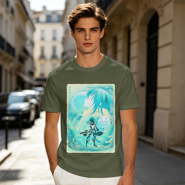 Anime character water design graphic dark green t-shirt