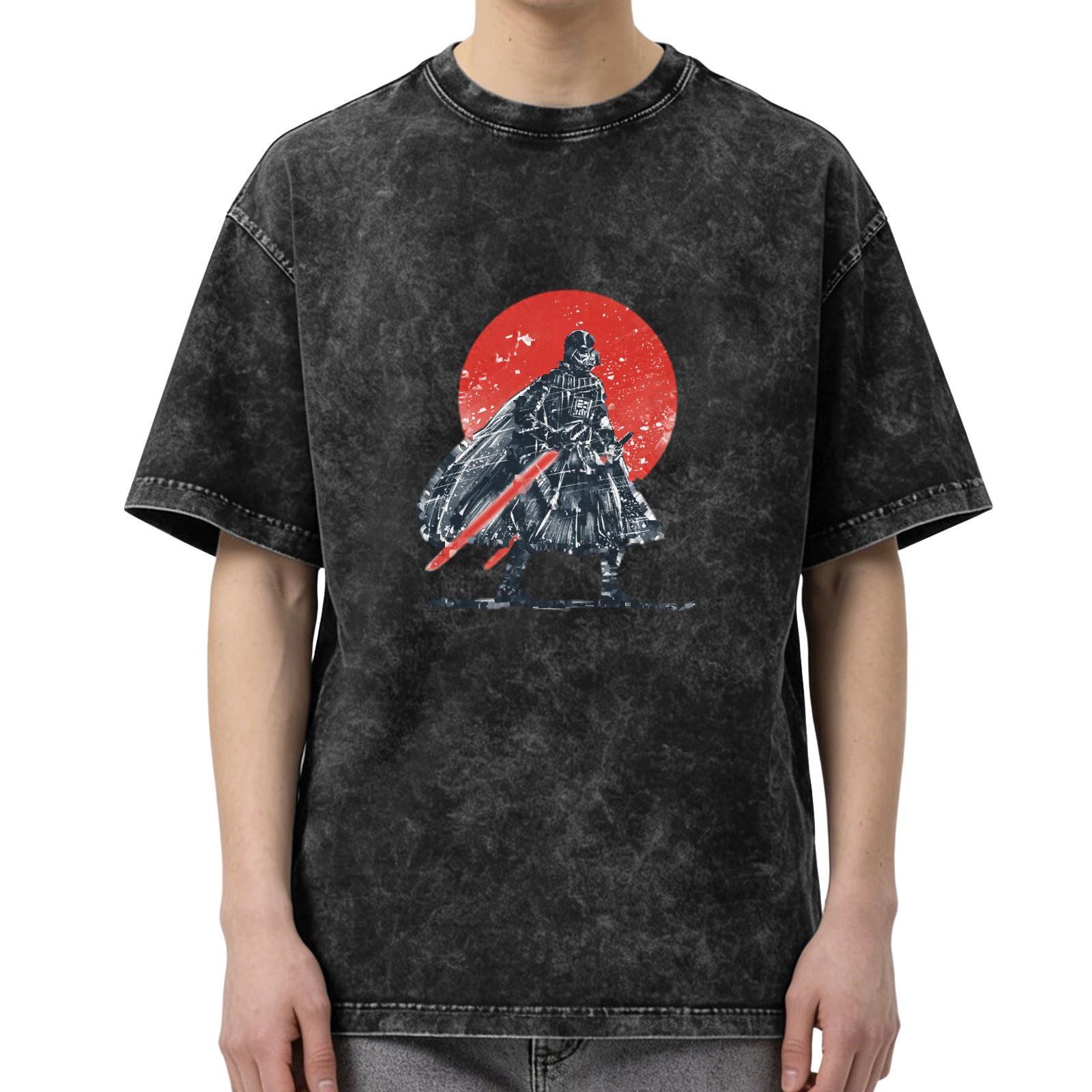 Washed Black T-Shirt With Samurai Darth Vader Red Sun Graphic