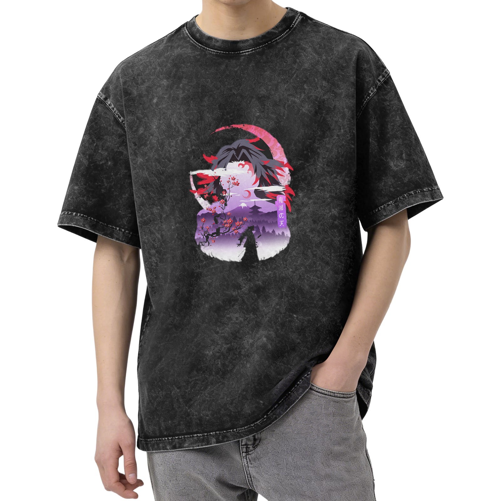 Oversized dark washed anime graphic t-shirt with samurai and cherry blossom design
