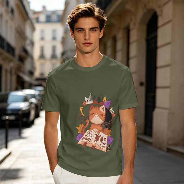 Olive T-shirt with a witch cat reading a spell book graphic