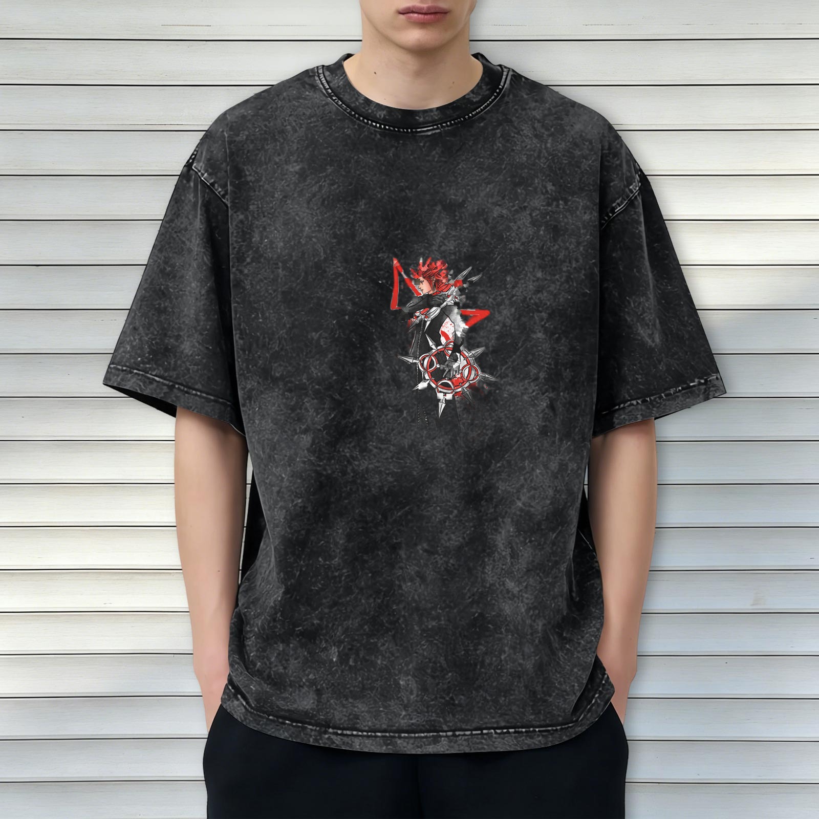 Oversized Acid Wash Graphic T-Shirt with Anime Character Print