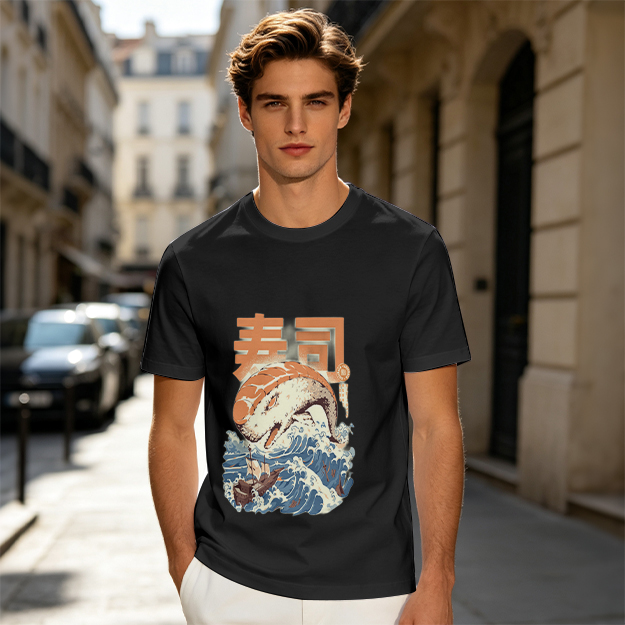 Olive t-shirt with sushi monster and great wave graphic