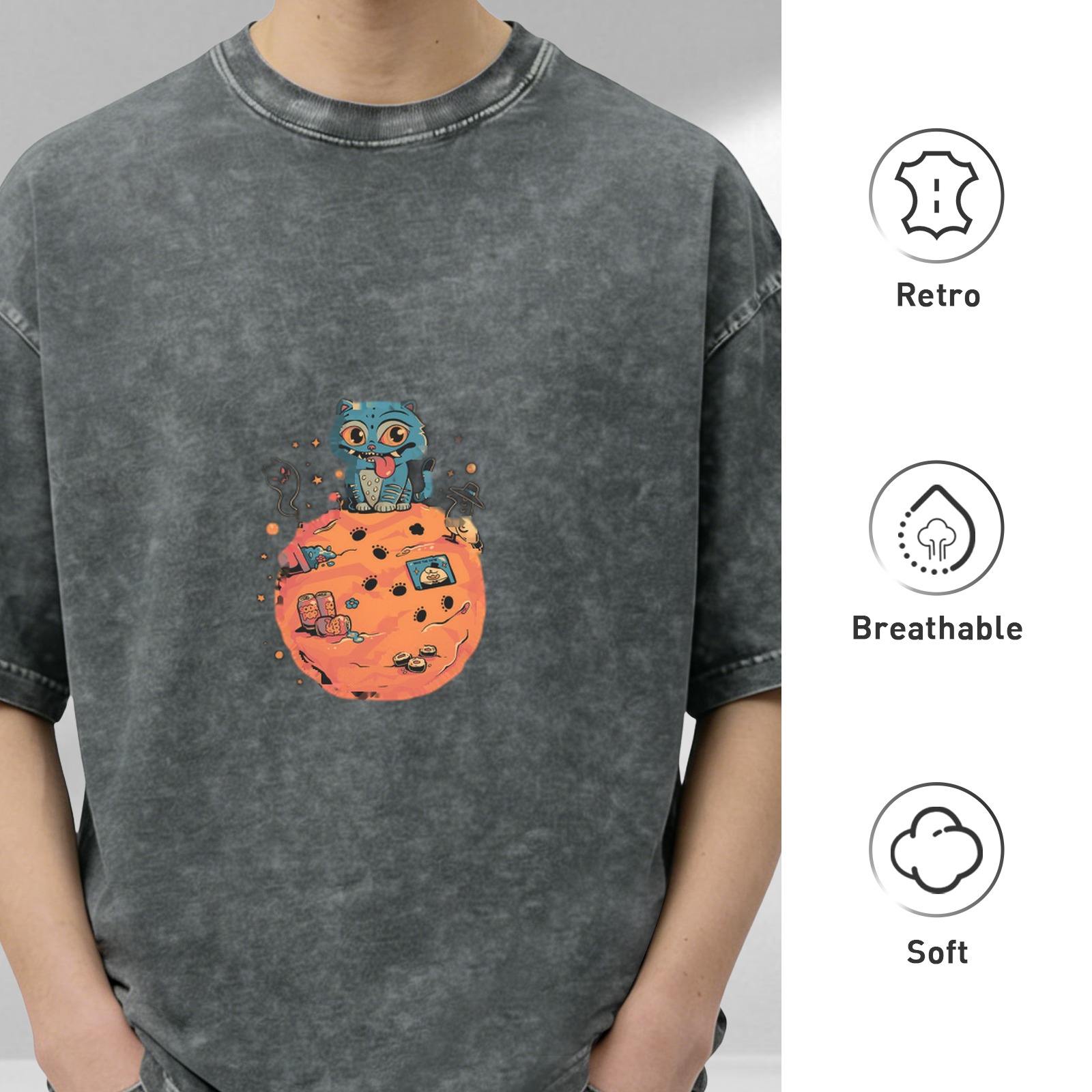 oversized black acid wash t-shirt with blue cat on orange planet graphic