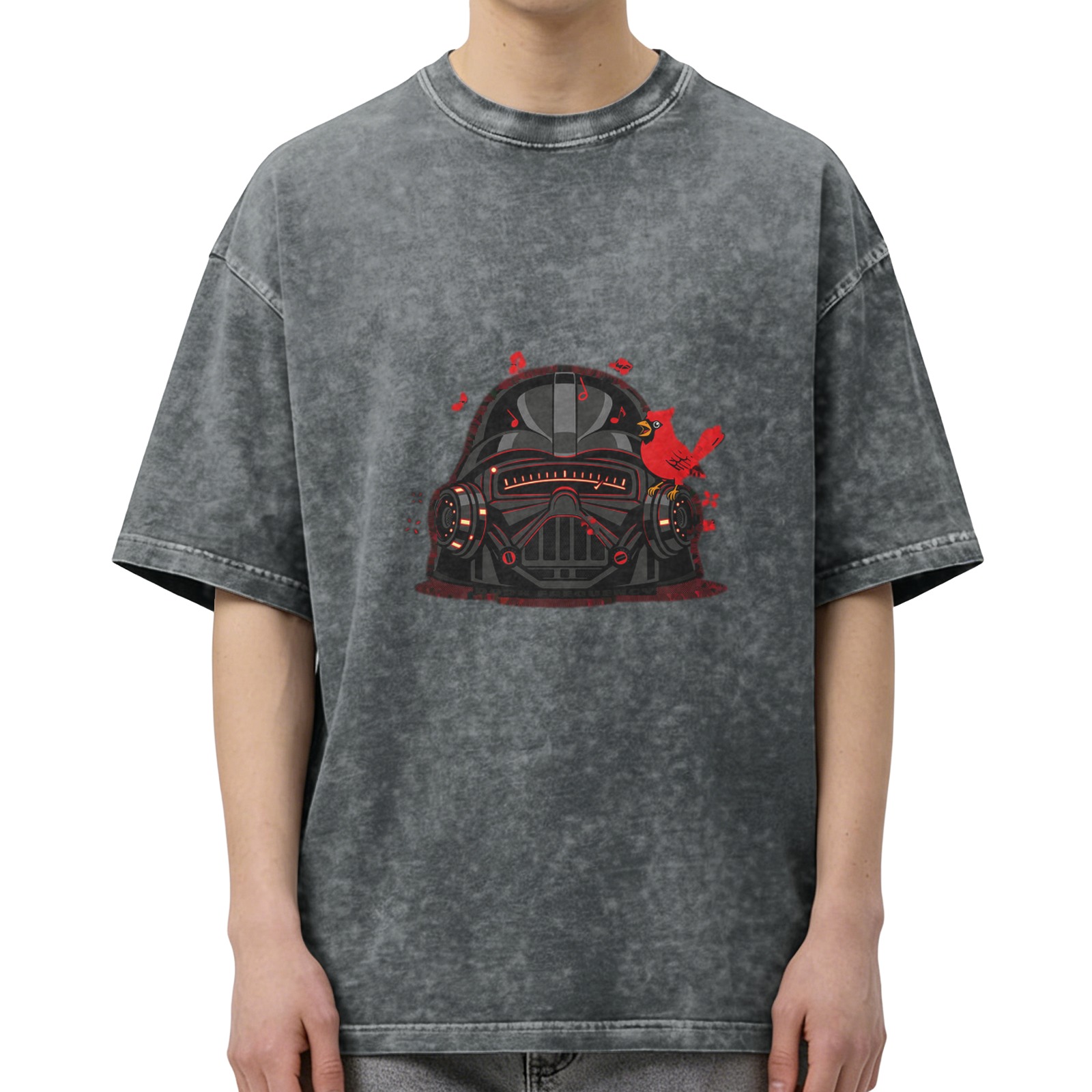 Oversized acid wash t-shirt with Darth Vader helmet and cardinal bird graphic