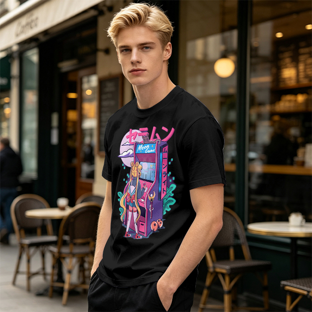 Anime girl playing moon arcade game graphic tee