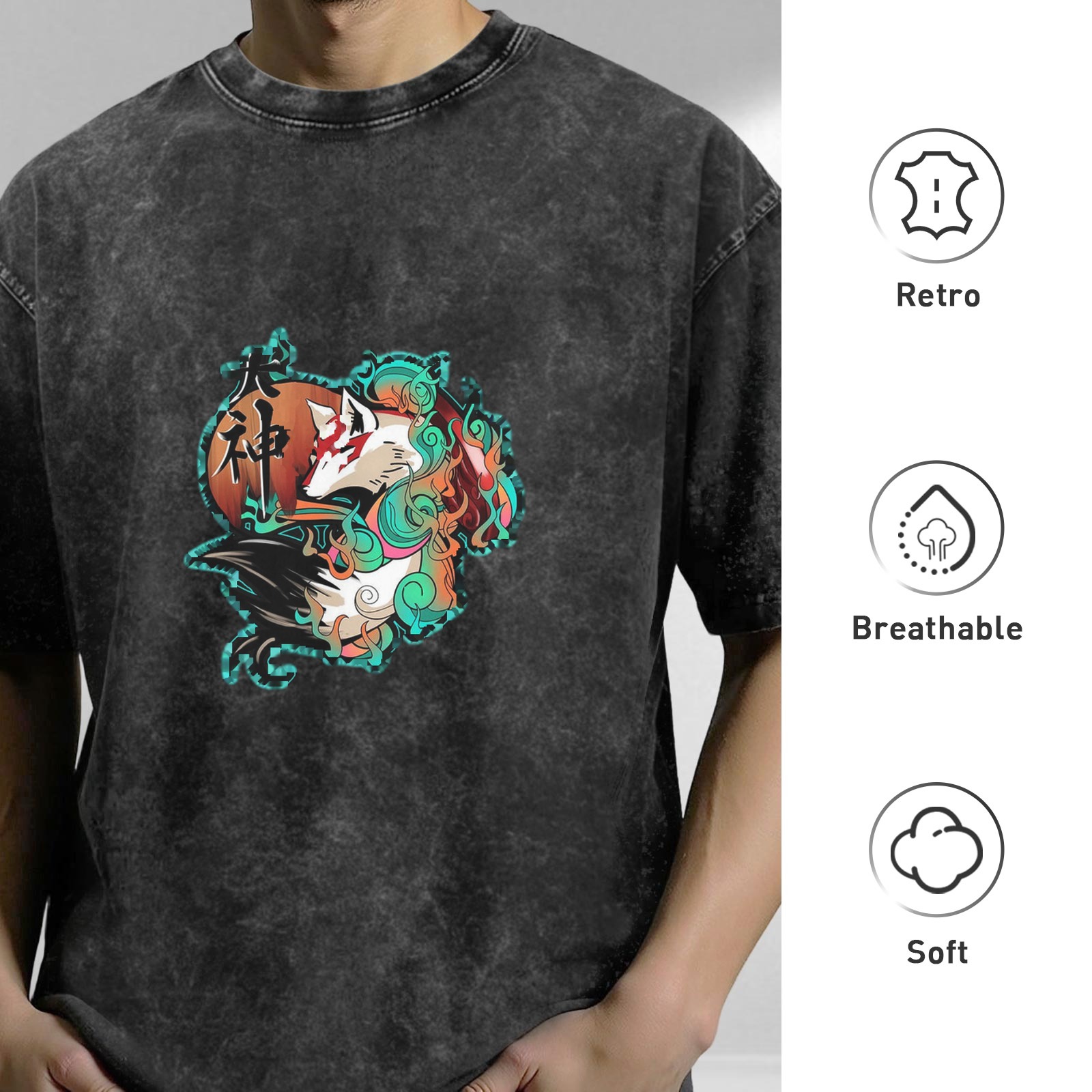 Retro washed black anime style wolf print short sleeve T-shirt