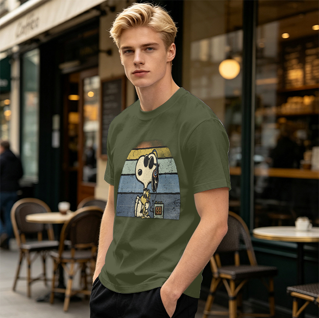 Olive T-shirt with Snoopy and Woodstock Retro Sunset Graphic