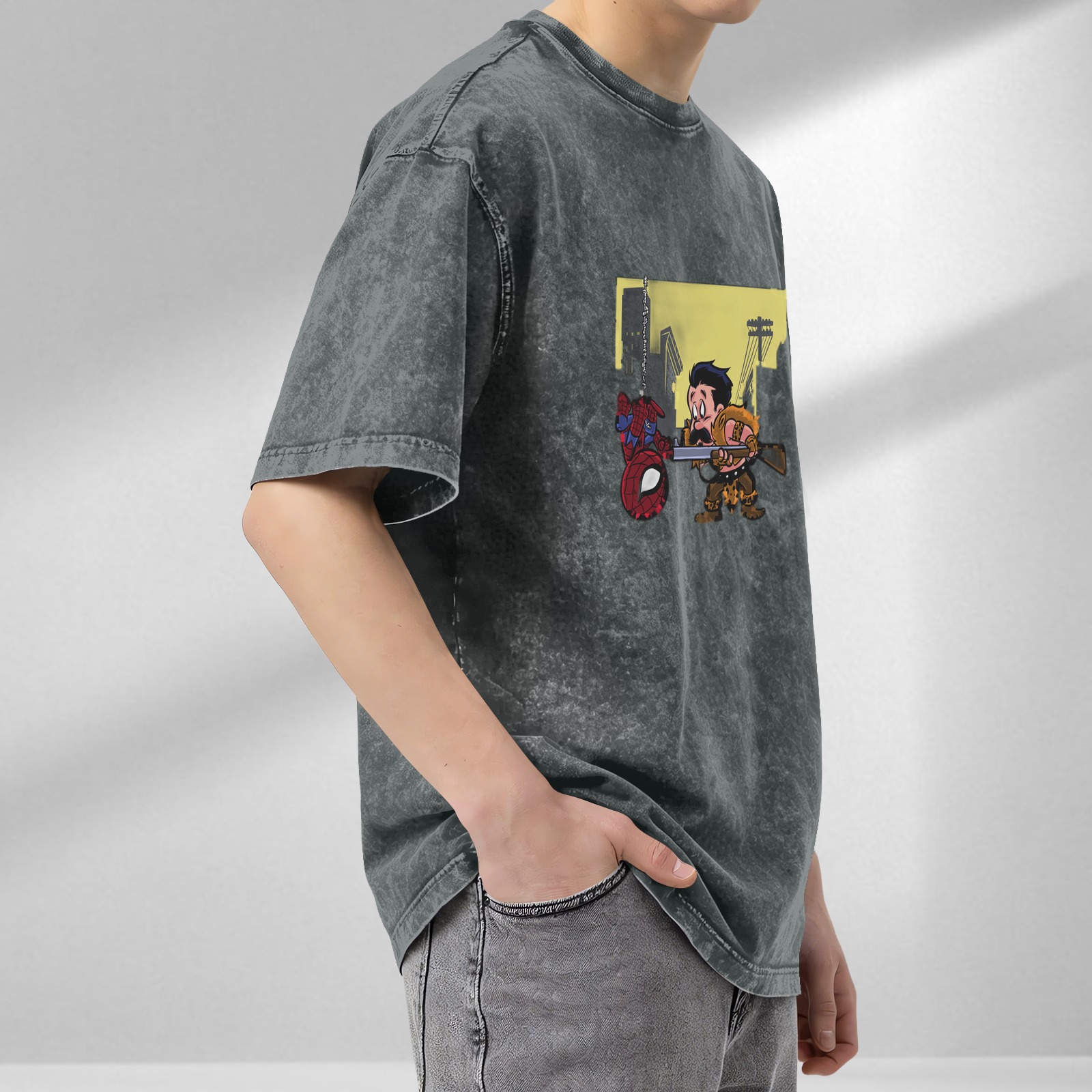 Washed black graphic tee with Spider-Man and hunter cartoon print