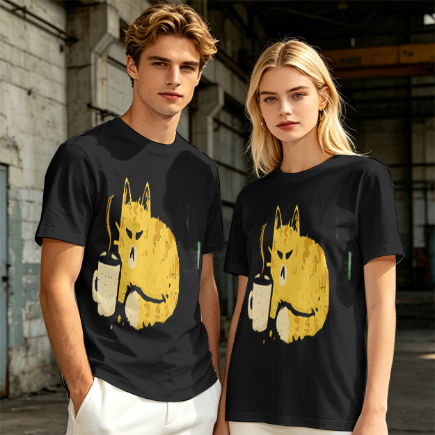 Olive T-Shirt With Grumpy Cat Holding Hot Coffee Print