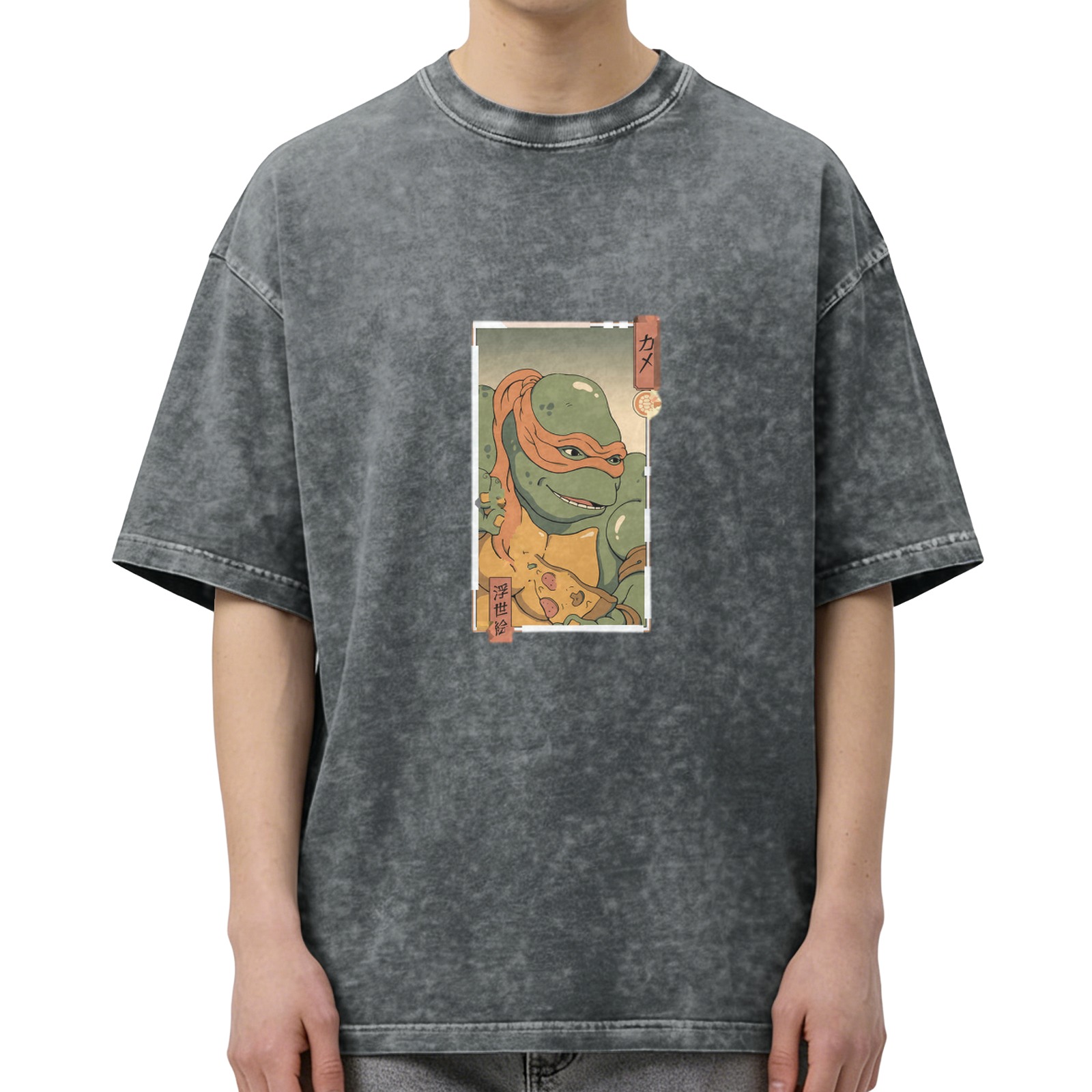 Washed Black Oversized T-Shirt with Ninja Turtle Pizza Japanese Art Print