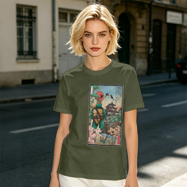 Olive T-Shirt with Ninja Turtle Ukiyo-e Style Print
