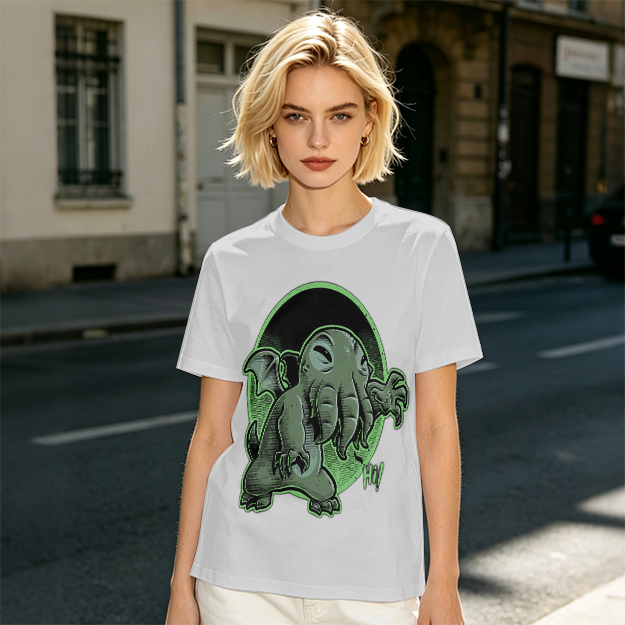 Olive T-Shirt Featuring Cute Cartoon Cthulhu Saying Hi