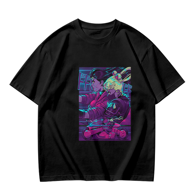 Olive T-shirt with Neon Cyberpunk Anime Character Print