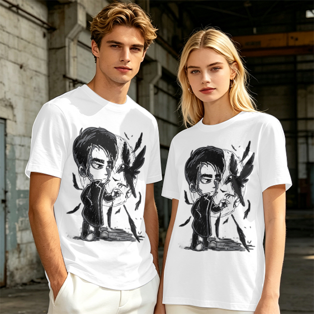 Olive T-Shirt with Chibi Dark Character and Crow Print