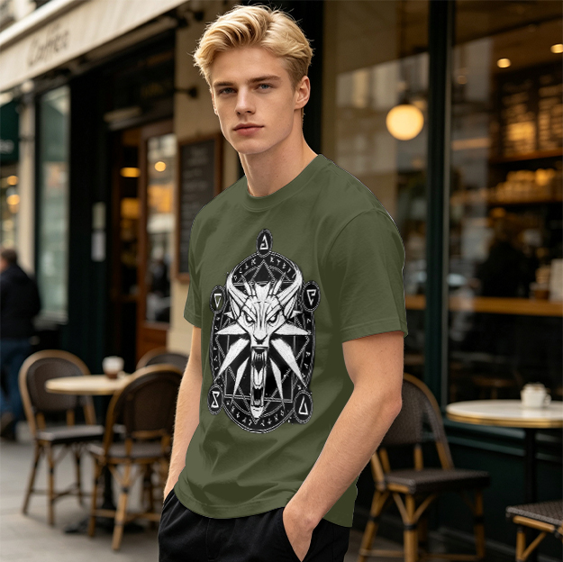 Olive T-Shirt With Witcher Wolf Medallion Magic Circle Print