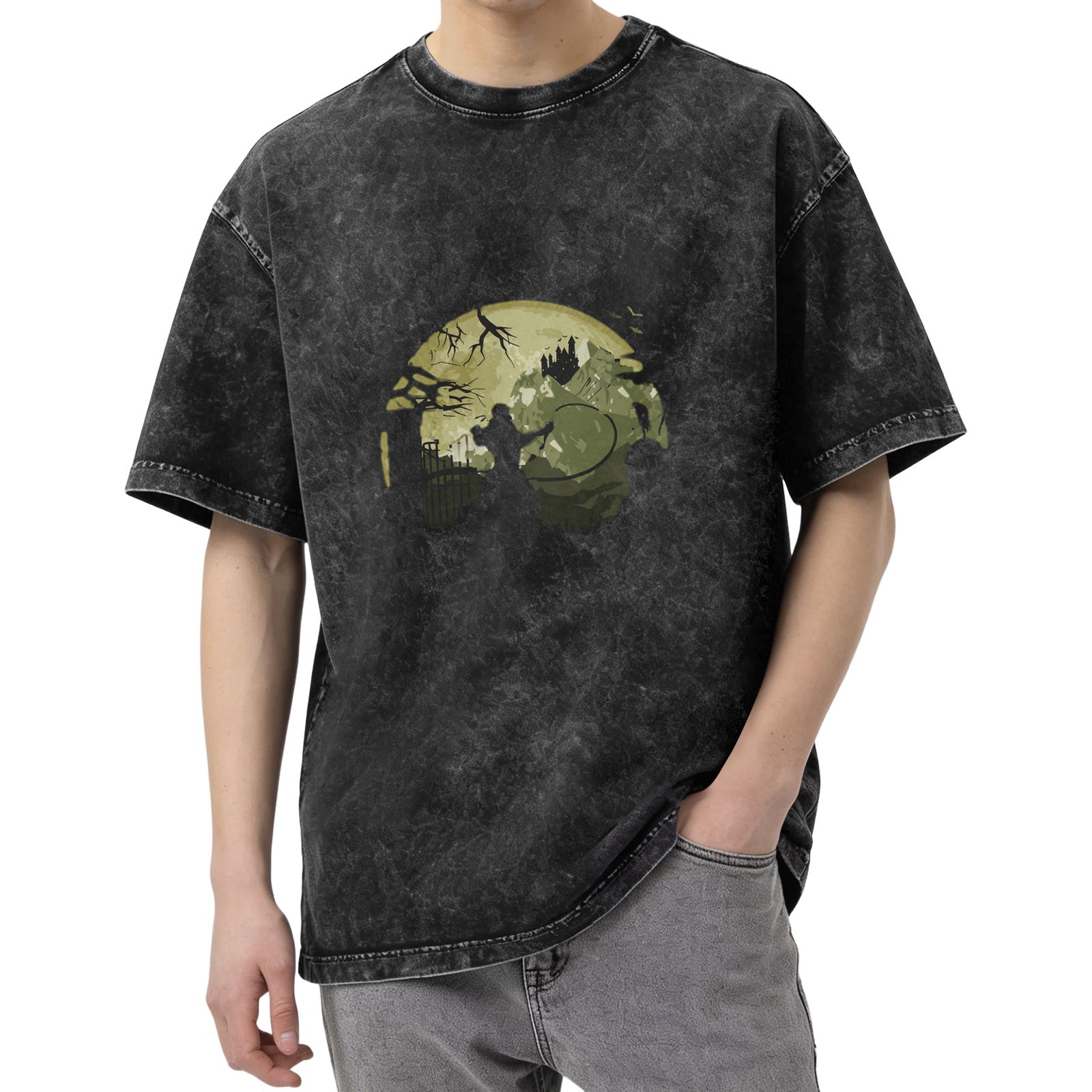 Oversized Stonewashed T-Shirt with Gothic Moon Castle Silhouette Graphic