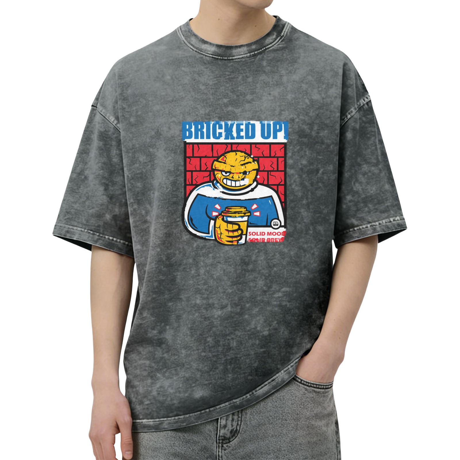 Oversized acid wash t-shirt with brick-themed cartoon graphic