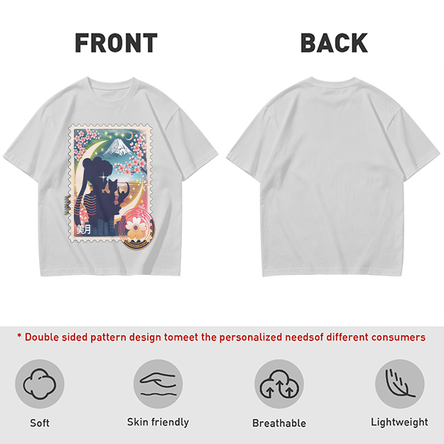 Olive T-shirt with Japanese stamp-style anime graphic print