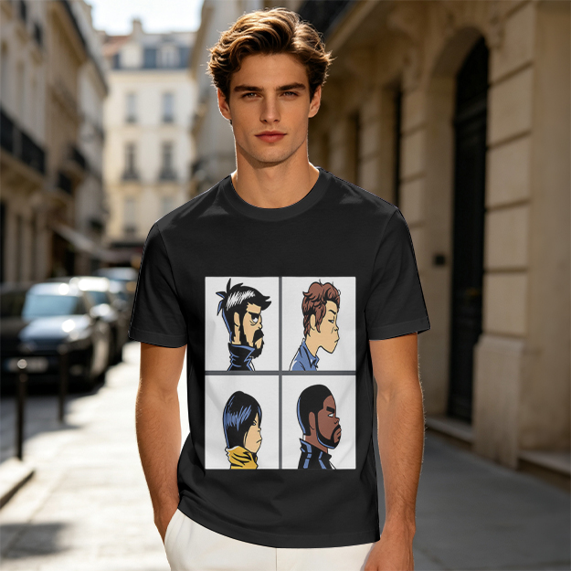 Olive T-Shirt With Four Cartoon Character Profile Portraits