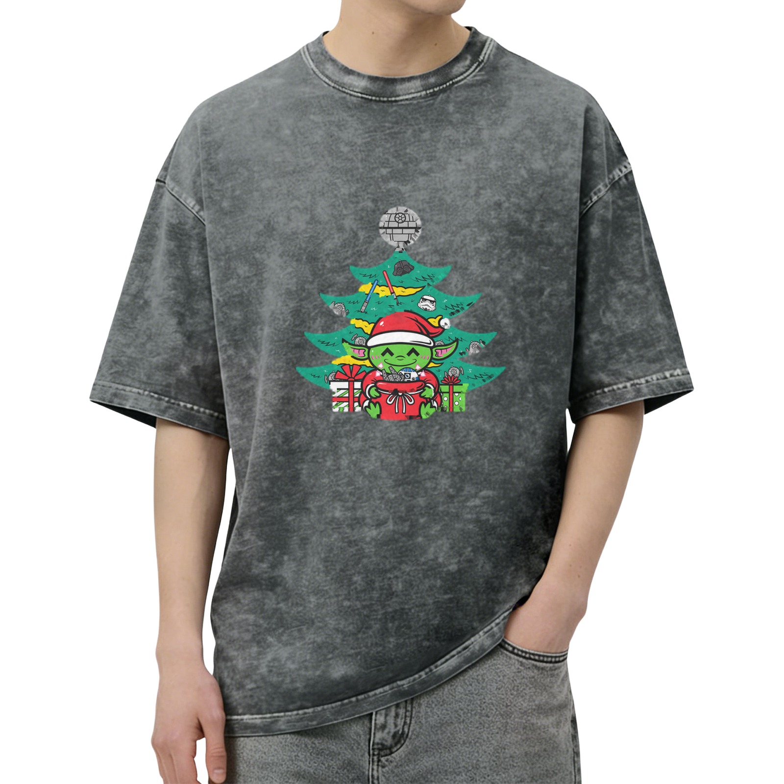 Washed Black T-Shirt with Star Wars Themed Christmas Yoda Design
