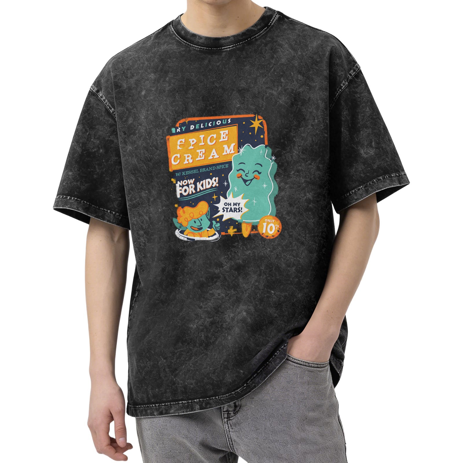 acid wash black t-shirt with retro space spice cream kids graphic