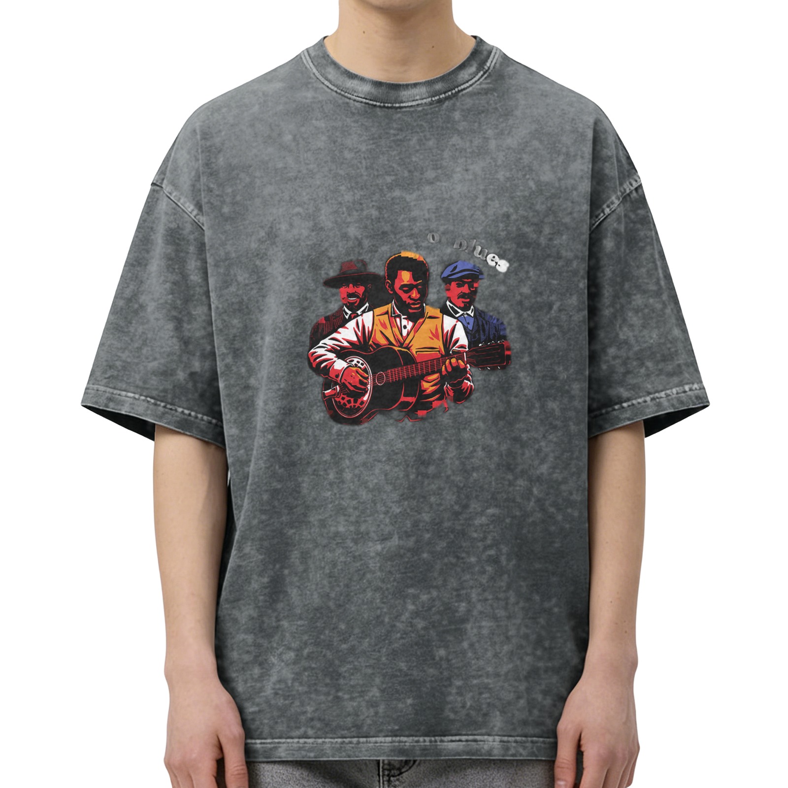 Washed Black Graphic Tee with Blues Musician Illustration