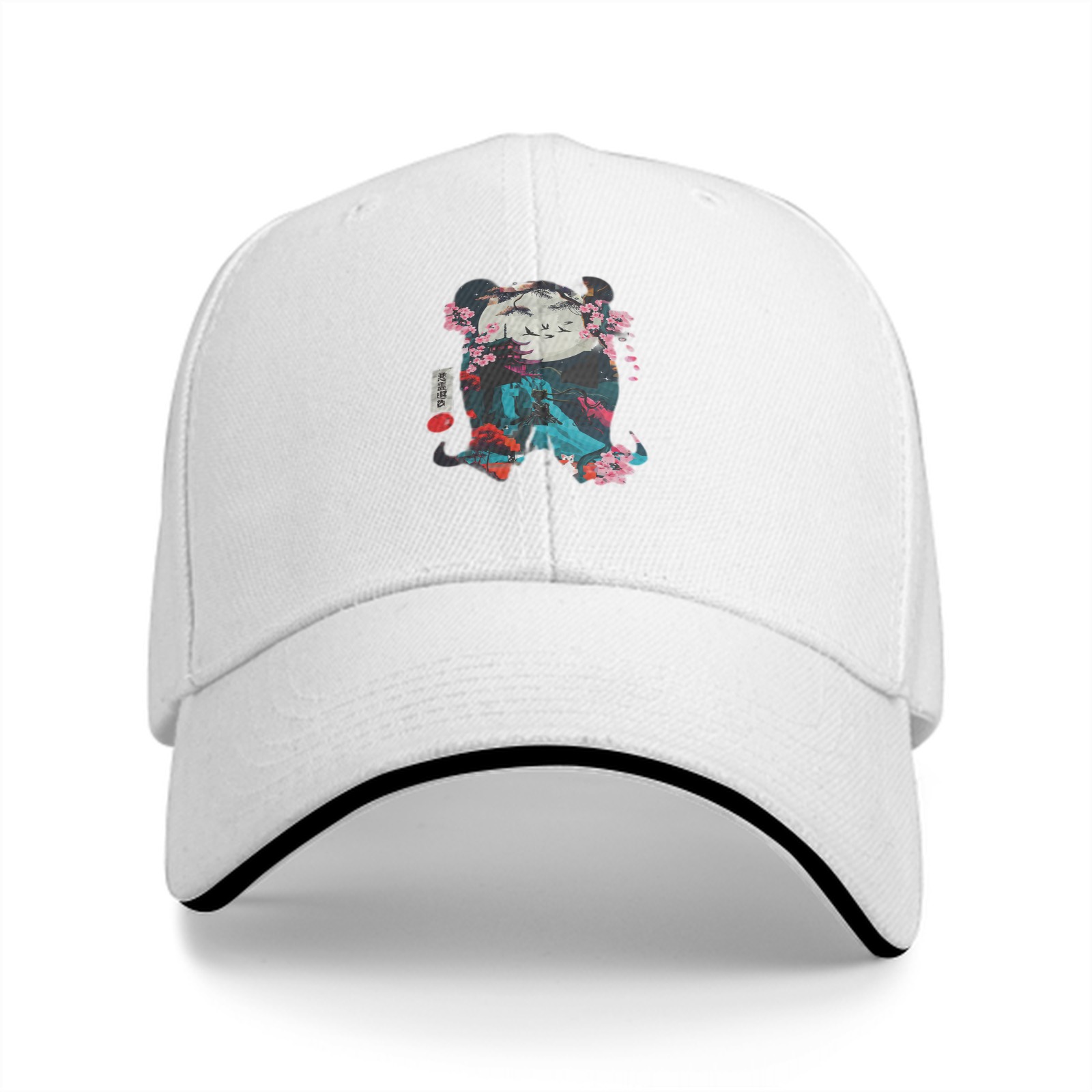 Black Baseball Cap With Cherry Blossom Panda Art Print