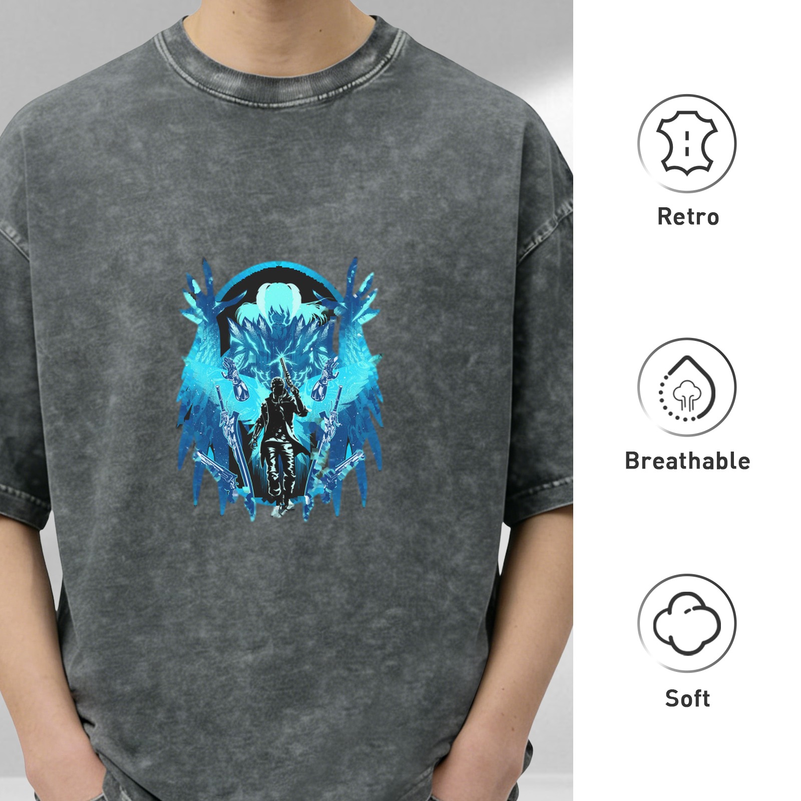 Washed Black Graphic T-Shirt With Blue Fantasy Winged Warrior Design