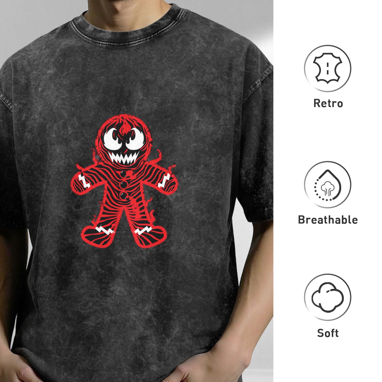 Oversized Acid Wash T-Shirt With Evil Gingerbread Man Print