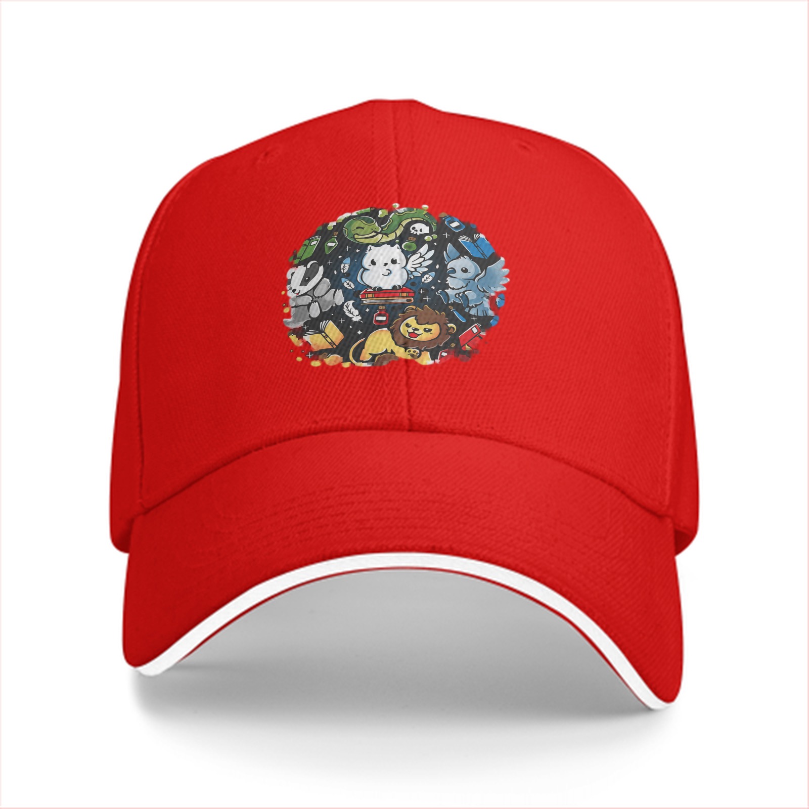 Black Baseball Cap With Cute Magical Creatures Graphic Design