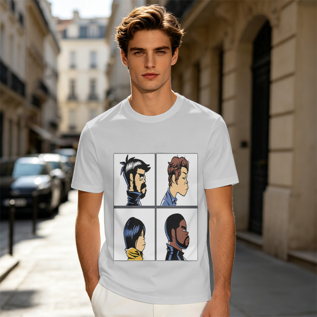 Olive T-Shirt With Four Cartoon Character Profile Portraits