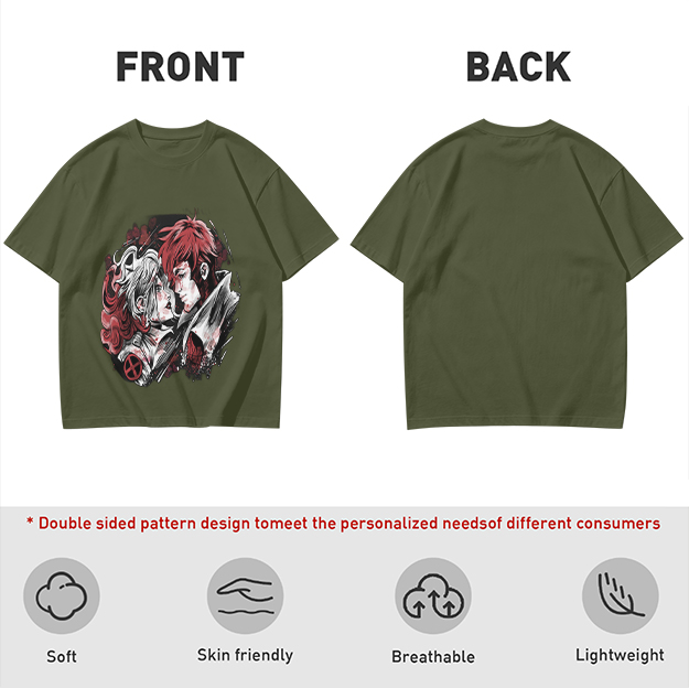 Olive T-Shirt with Anime Style Character Portrait Print