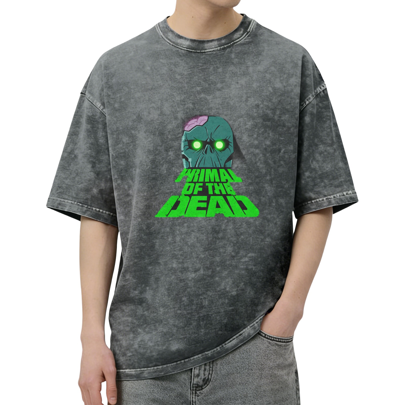acid wash black t-shirt with primal of the dead zombie skull graphic