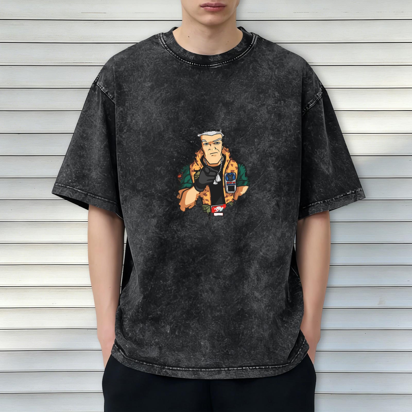 Oversized acid wash graphic t-shirt with cartoon military character print