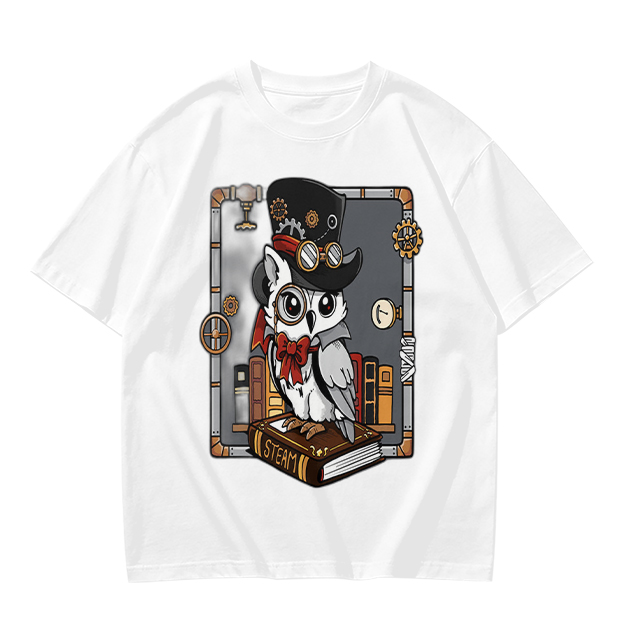 Owl in Steampunk Attire on Book Graphic Tee