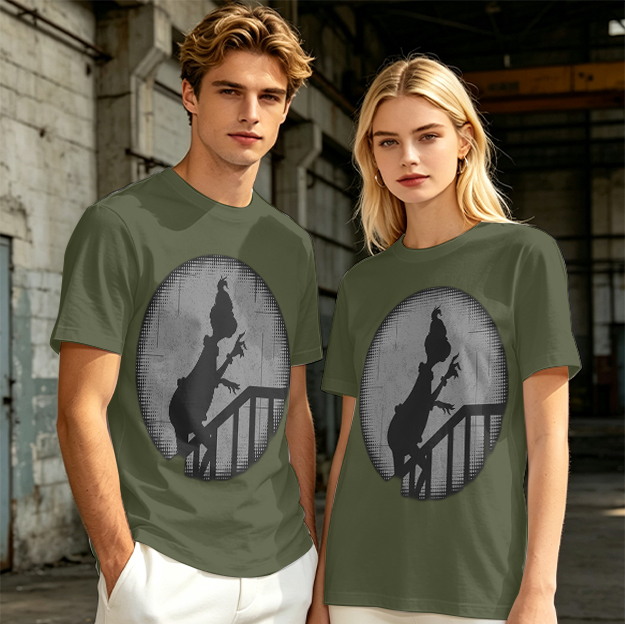 Olive Green T-Shirt With Grinch Silhouette On Staircase Print