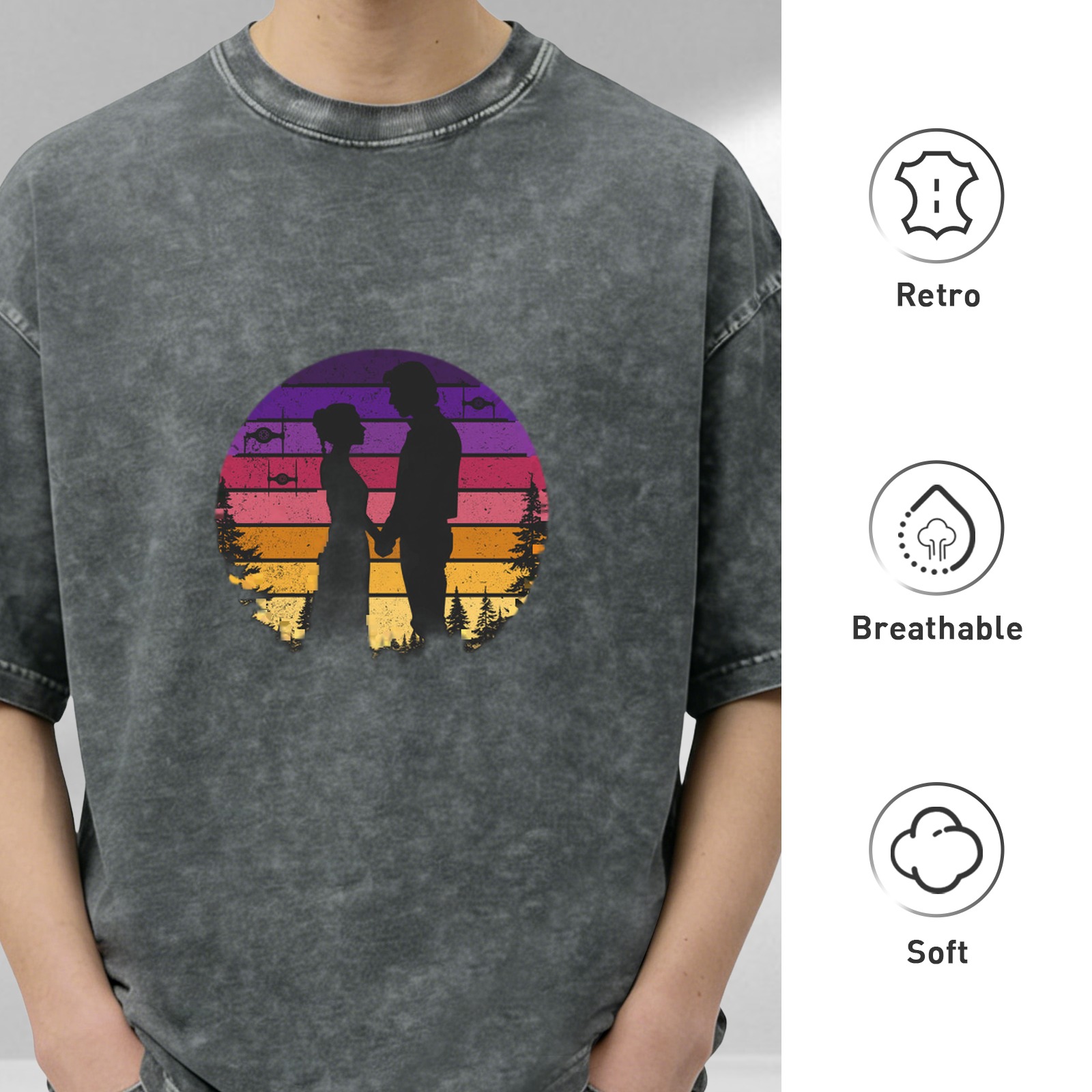 Washed Black T-Shirt with Retro Sunset Couple Silhouette Graphic