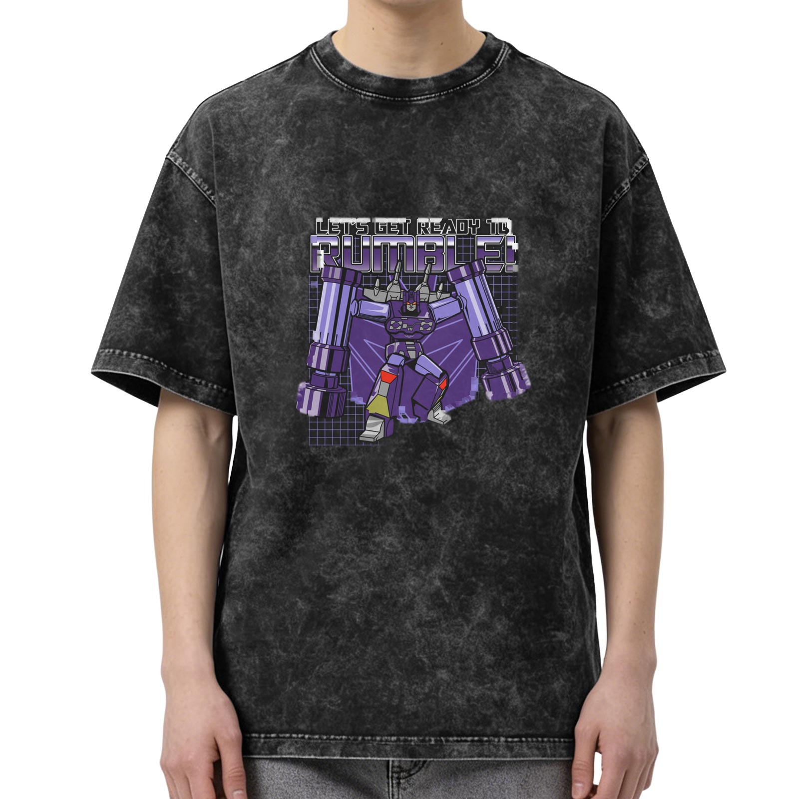 Oversized dark wash graphic t-shirt with Transformers Rumble design