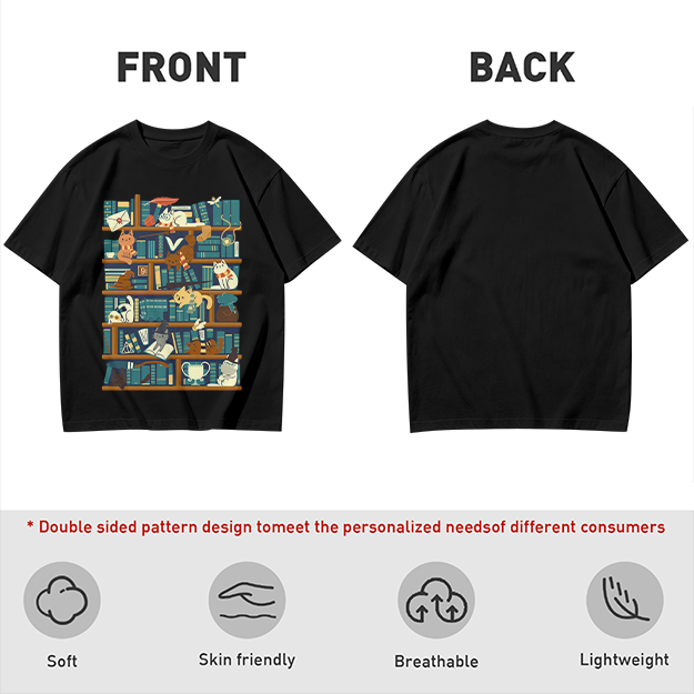 Olive t-shirt with playful cats on a bookshelf graphic