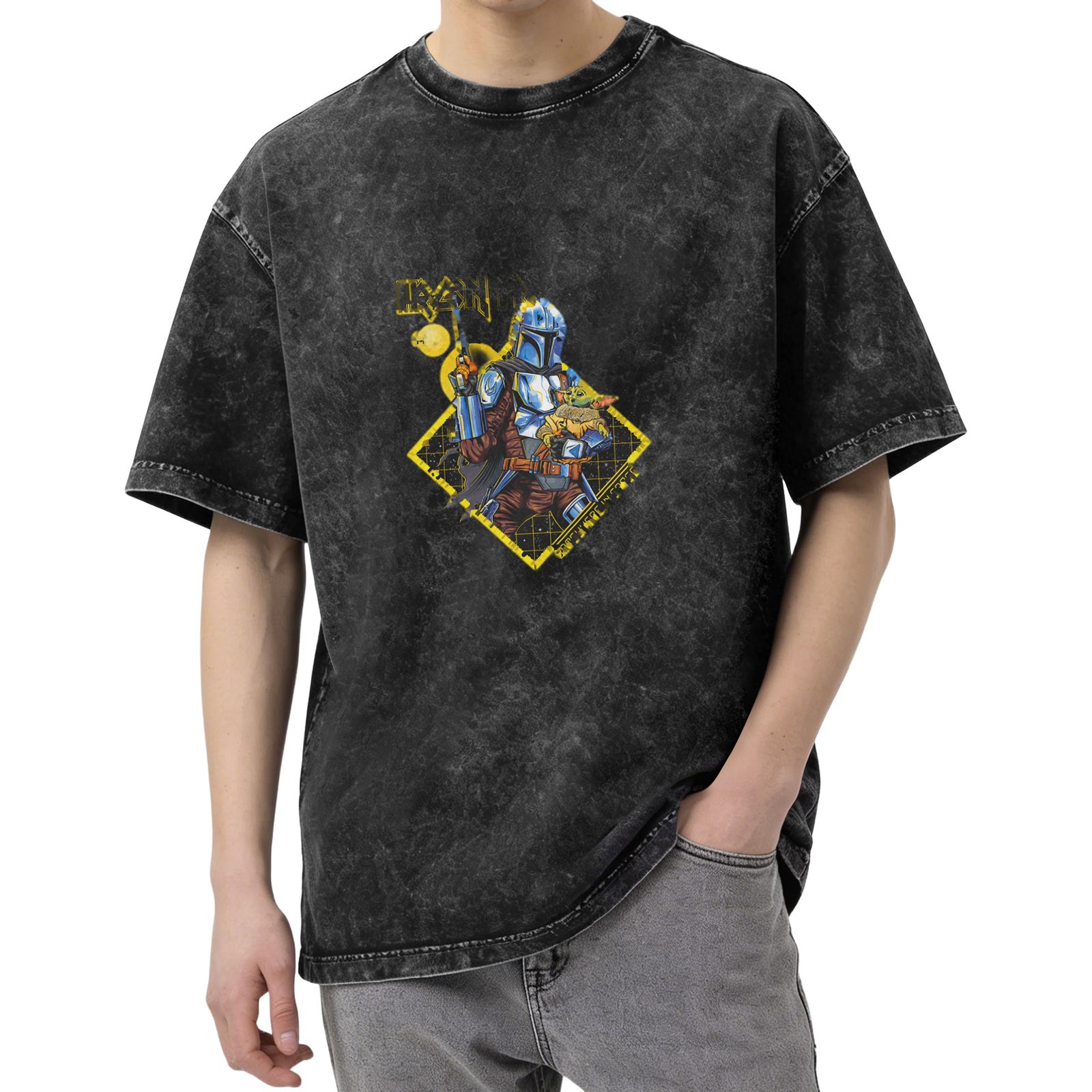 Washed Black Oversized T-Shirt with Mandalorian & Grogu Graphic Print