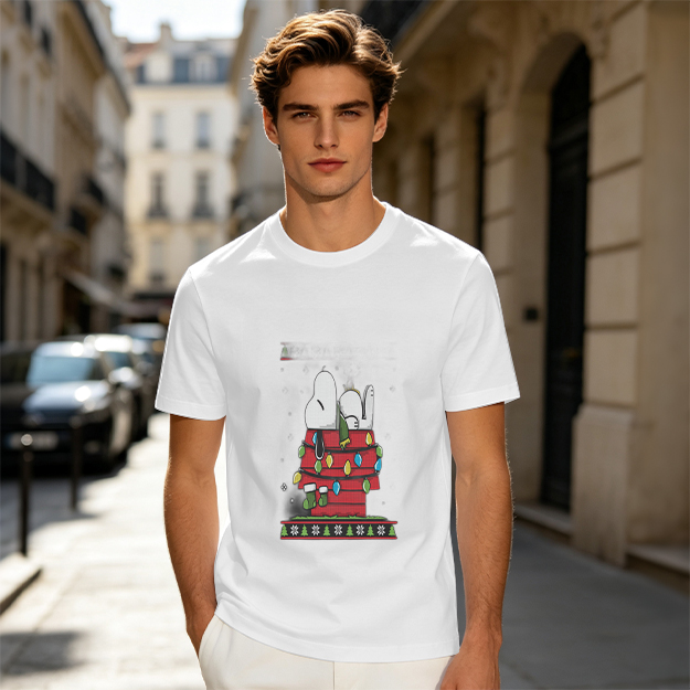 Olive T-Shirt with Snoopy Christmas Doghouse Design