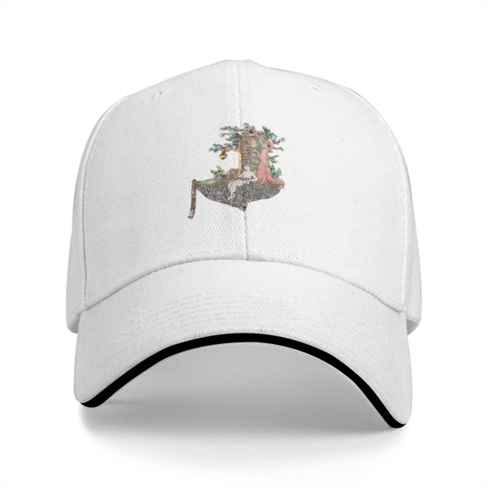 Black Baseball Cap With Whimsical Floating Island Treehouse Art