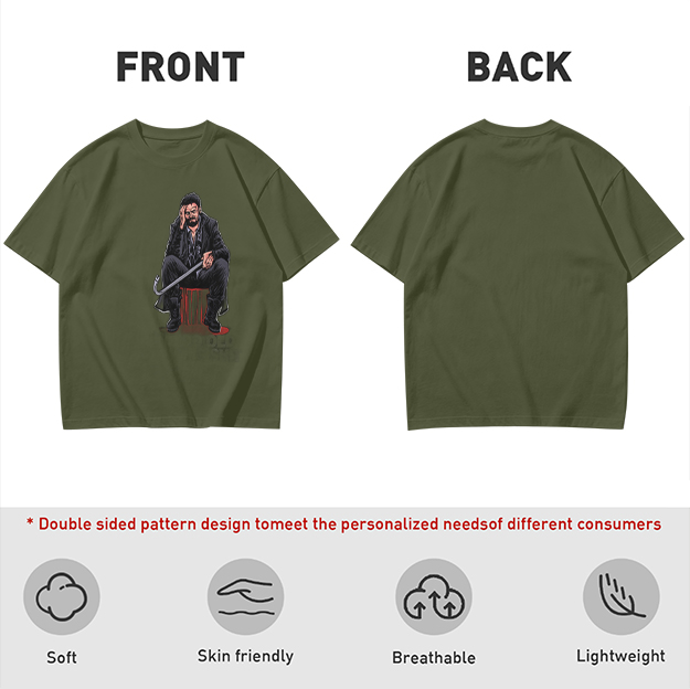 Olive T-shirt with seated bearded man holding crowbar graphic