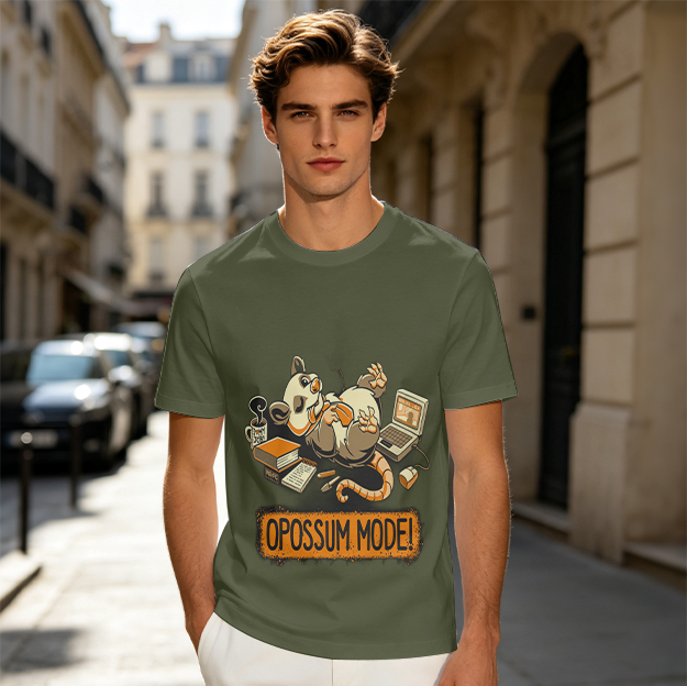 Oversized Olive T-Shirt with Playful Opossum Mode Work Graphic