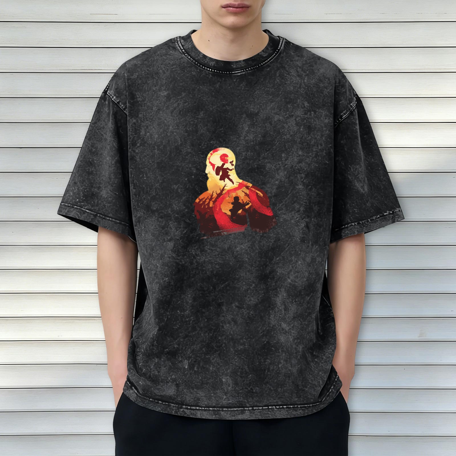 Distressed black printed short-sleeved T-shirt