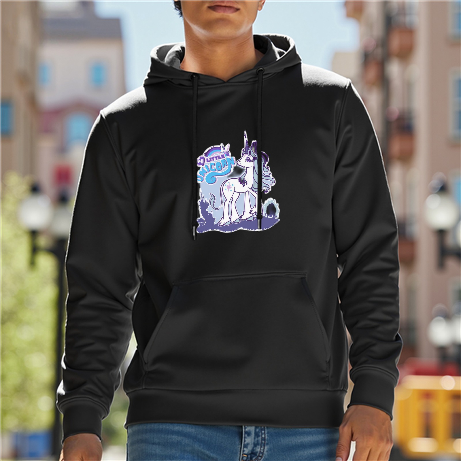 Black hoodie with unicorn graphic print