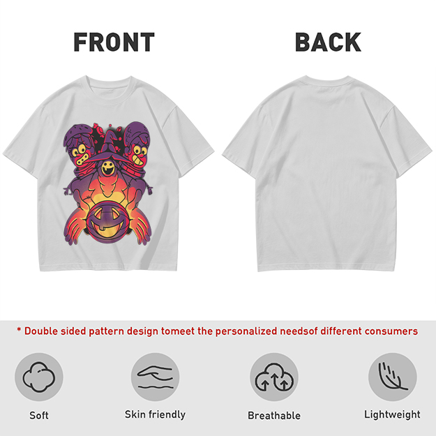 Olive T-Shirt With Halloween Three-Headed Witch And Jack-O'-Lantern Print